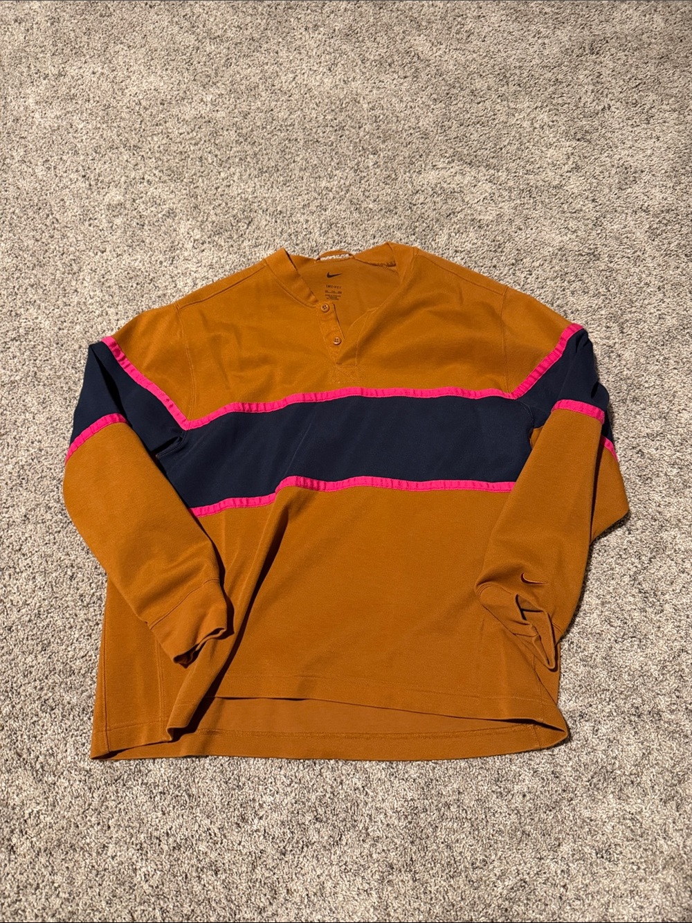 Nike Men's Mustard Crewneck Sweater with Navy Stripe & Pink Trim